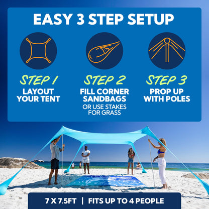 SUN NINJA Beach Tent Shelter with UPF50+ Protection, Includes Sand Shovel, Ground Pegs, Stability Poles, Outdoor Pop Up Shade Canopy for Camping, Fishing, Backyard Fun (Navy, 5x5 FT 4 Pole)