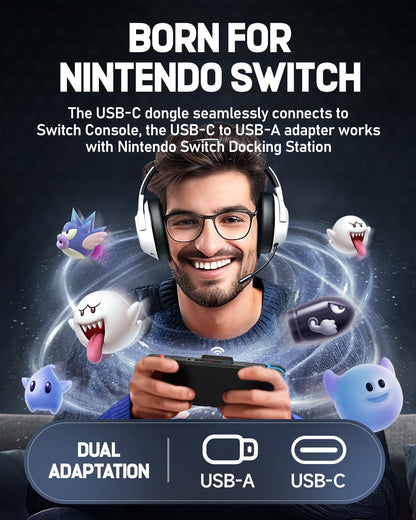 Wireless Gaming Headset for Nintendo Switch丨OLED丨Lite,2.4Ghz USB & Type-C， Bluetooth 5.4 Gaming Headphones with Noise Cancelling Microphone, 40Hr Battery, for PS5, PS4, PC, Mac （White and Black ）
