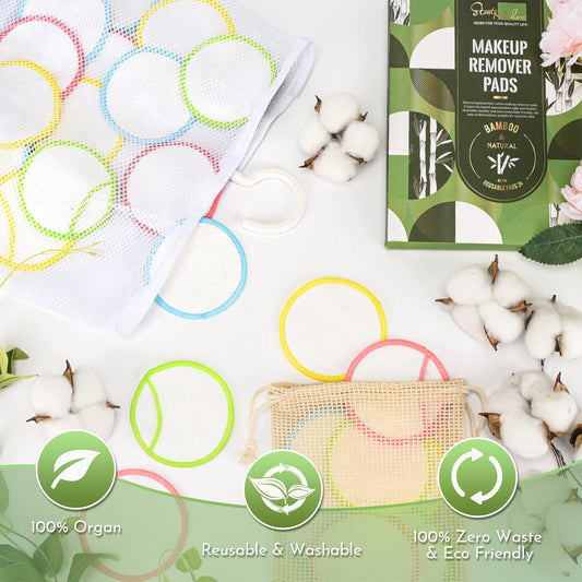 Organic Reusable Makeup Remover Pads, Pluggable & Eco-Friendly Natural Bamboo Cotton Rounds with Laundry Bag and Dry Net Bag, 16Pcs Double-Layer Cloths Bamboo Soft Cotton Rounds for All Skin Types