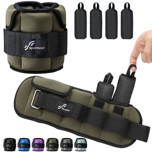 Sportneer Adjustable Ankle Weights for Women and Men：1 Pair 1 2 3 4 6 7 8 10 lbs Upgraded Easily Adjustable Leg Weight, Weighted Wrist Weight Strap for Gym, Fitness, Workout, Walking, Dancing (Army Green, 5 lbs x 2)