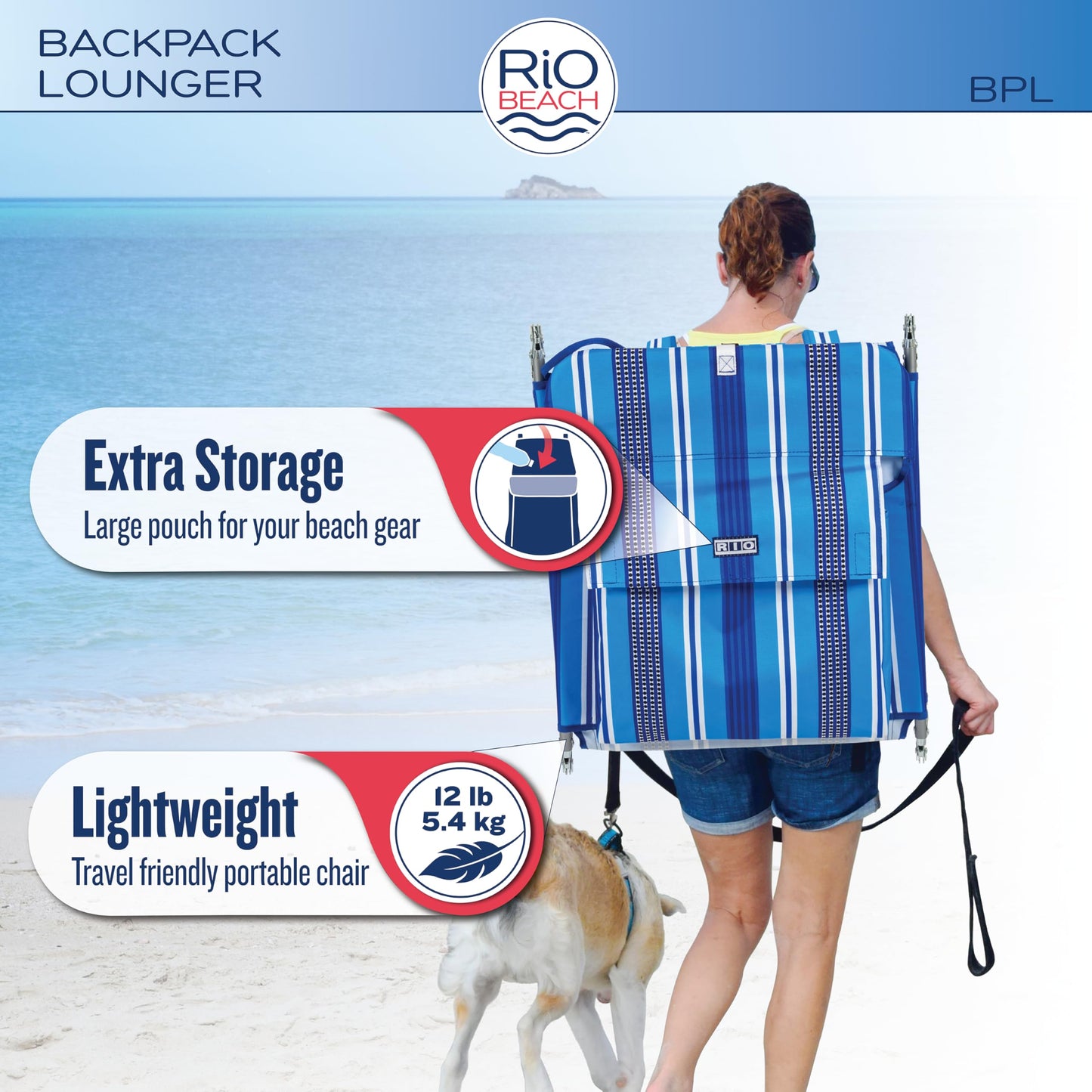 Rio Beach Portable Lay Flat Folding Backpack Beach Lounge Chair with Backpack Straps and Storage Pouch, Blue Stripe