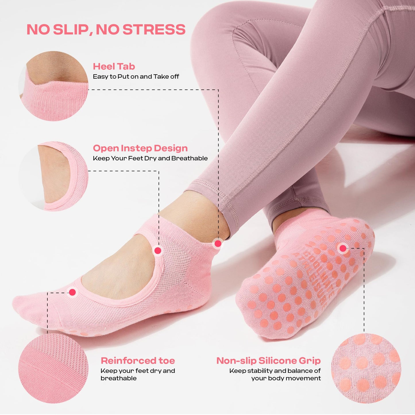 COOLMATE Pilates Socks with Grips for Women, Yoga Socks, Crew Non Slip Women for Workout, Barre, Pilates Gifts(4 Pairs) (US, Numeric, 6, 10, Regular, Regular, Pink/White/Light Purple/Black)