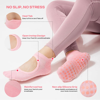 COOLMATE Pilates Socks with Grips for Women, Yoga Socks, Crew Non Slip Women for Workout, Barre, Pilates Gifts(4 Pairs) (US, Numeric, 6, 10, Regular, Regular, Pink/White/Light Purple/Black)