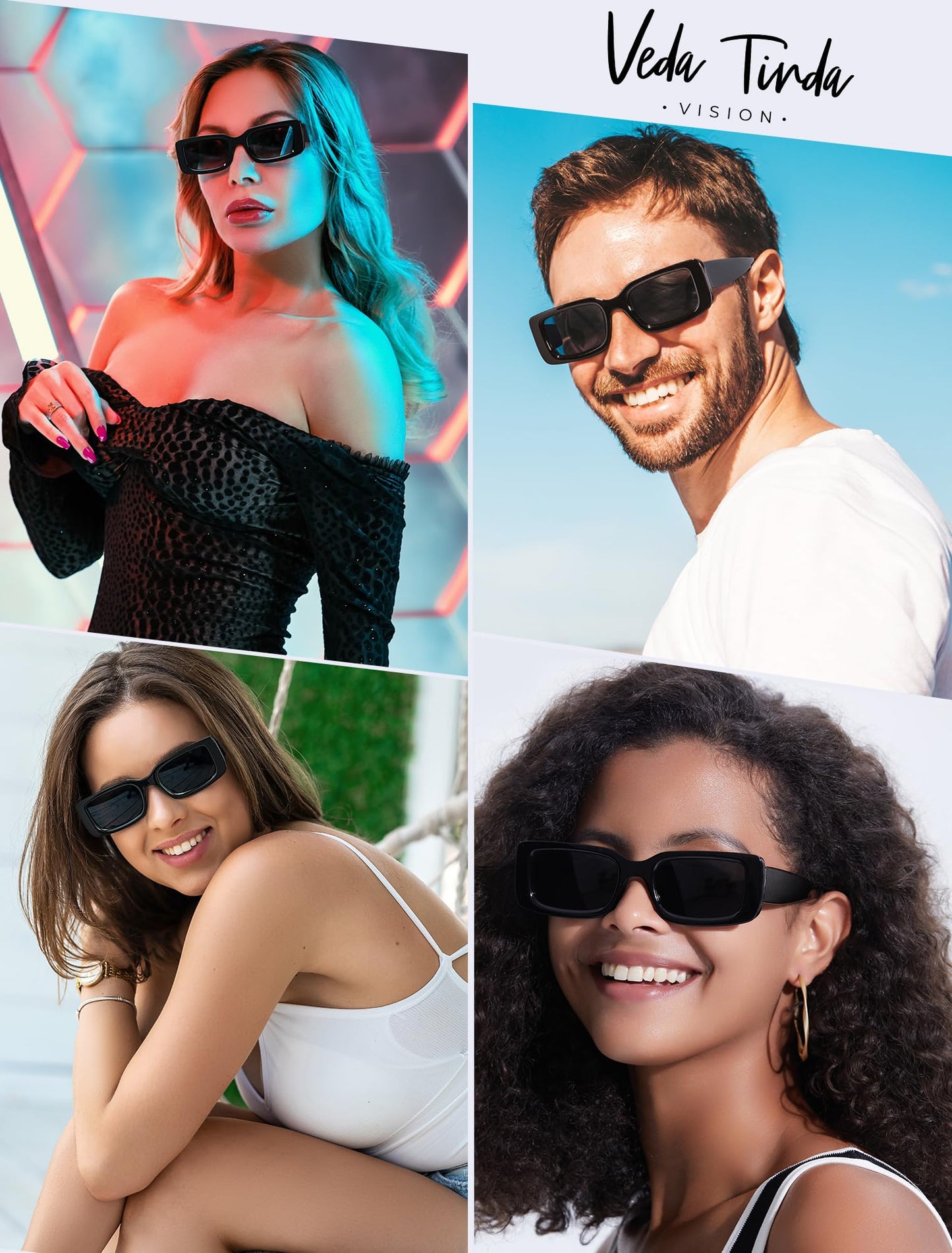 Veda Tinda Vision Rectangle Sunglasses Men Black Polarized Square Frame Driving Hippie Trendy Retro 90s Vintage y2k Glasses for Women UV400 Protection Skin Mens Dark Shades Womens Accessories C01S01