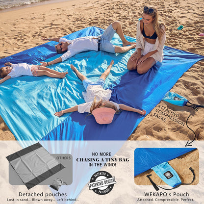 Wekapo Beach Blanket Sandproof, Extra Large Oversized 10'X 9' for 2-8 Adults, Big & Compact Sand Free Mat Quick Drying, Lightweight & Durable with 6 Stakes & 4 Corner Pockets