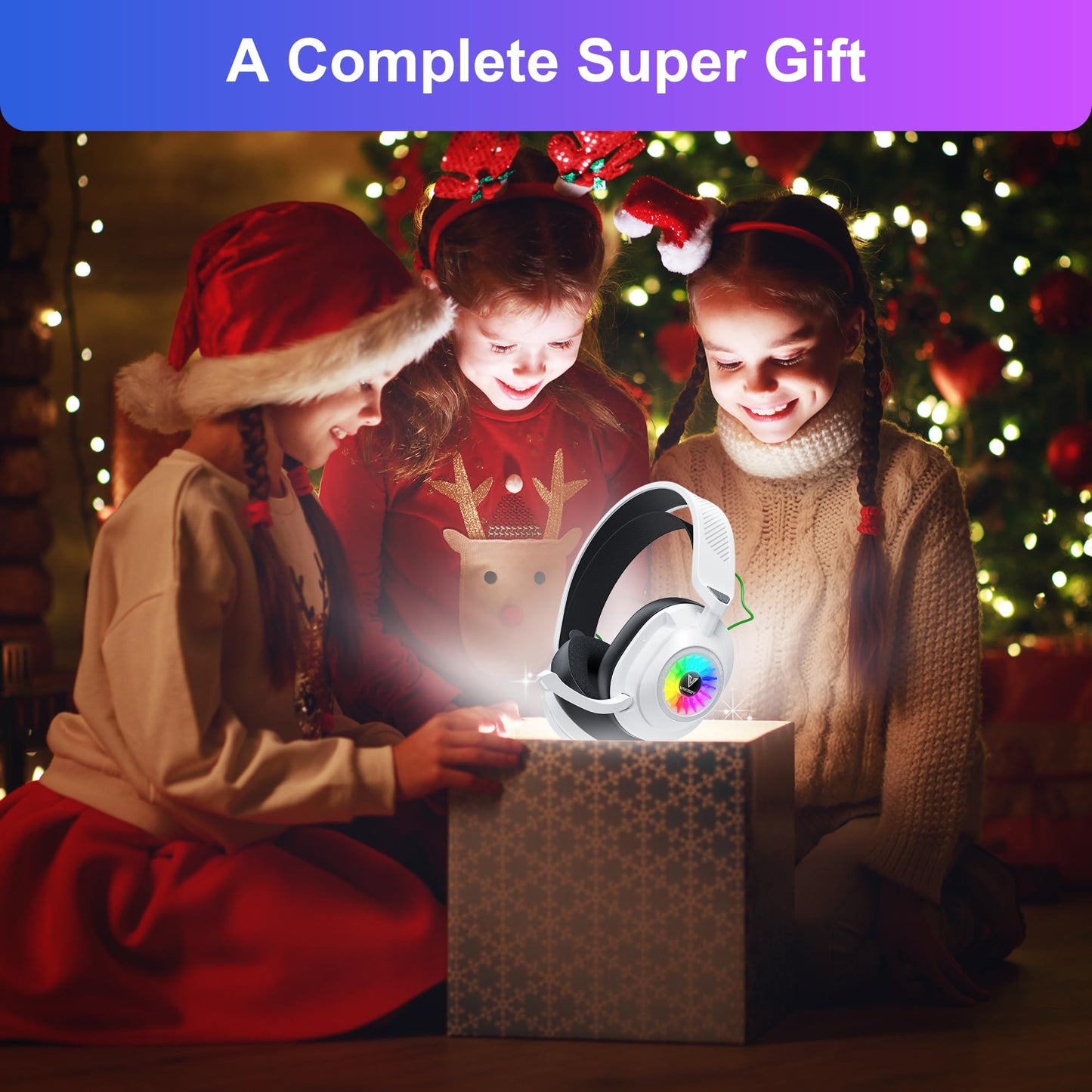 Vakedy HW10 Wireless Gaming Headset for PS5,PS4,PC,2.4GHz Bluetooth Gaming Headphones with Noise Cancelling Microphone,50Hr Battery Gamer Headset for Switch, Laptop,Mobile,Mac,Cool RGB (White)
