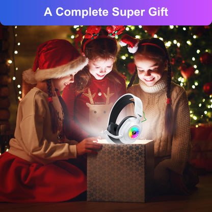 Vakedy HW10 Wireless Gaming Headset for PS5,PS4,PC,2.4GHz Bluetooth Gaming Headphones with Noise Cancelling Microphone,50Hr Battery Gamer Headset for Switch, Laptop,Mobile,Mac,Cool RGB (White)