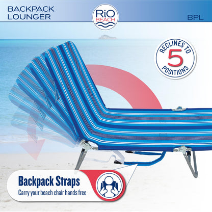 Rio Beach Portable Lay Flat Folding Backpack Beach Lounge Chair with Backpack Straps and Storage Pouch, Blue Stripe