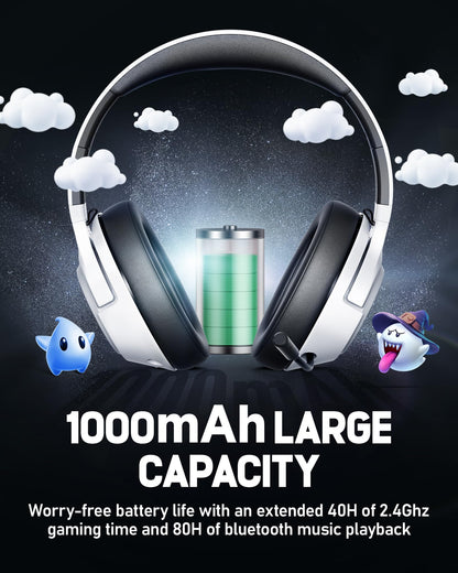 Wireless Gaming Headset for Nintendo Switch丨OLED丨Lite,2.4Ghz USB & Type-C， Bluetooth 5.4 Gaming Headphones with Noise Cancelling Microphone, 40Hr Battery, for PS5, PS4, PC, Mac （White and Black ）