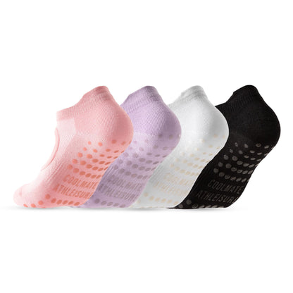 COOLMATE Pilates Socks with Grips for Women, Yoga Socks, Crew Non Slip Women for Workout, Barre, Pilates Gifts(4 Pairs) (US, Numeric, 6, 10, Regular, Regular, Pink/White/Light Purple/Black)