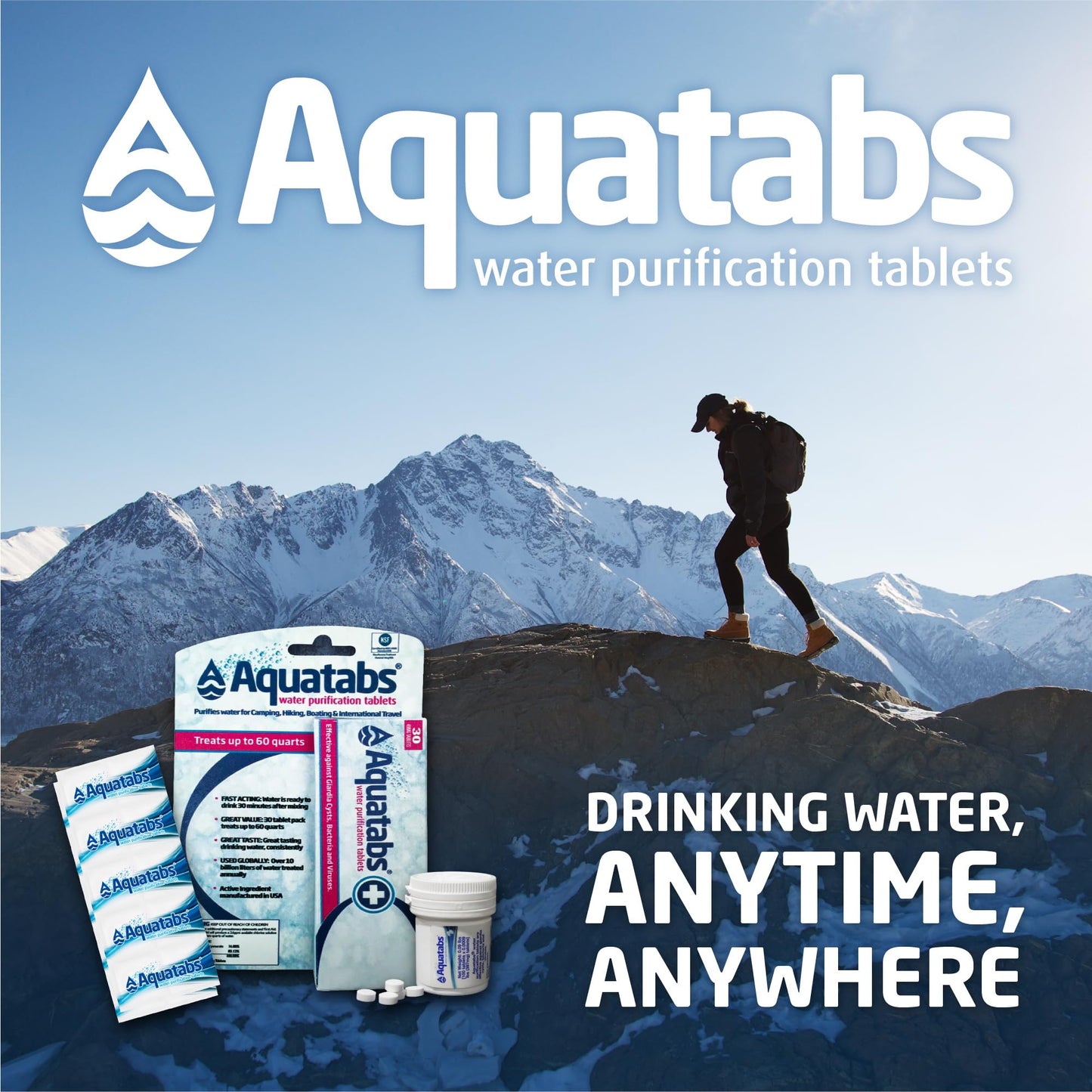 Aquatabs 49mg Water Purification Tablets (50 Pack). Water Filtration System for Hiking, Backpacking, Camping, Emergencies, Survival, and Home-Use. Easy to Use Water Treatment and Disinfection.