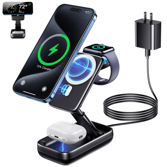 3 in 1 Foldable Wireless Charging Station for Apple Devices 20W Fast Mag-Safe Charger Stand Magnetic Wireless Charger for iPhone 15 14 13 12 Series AirPod iWatch Charger Multiple Devices Adapter