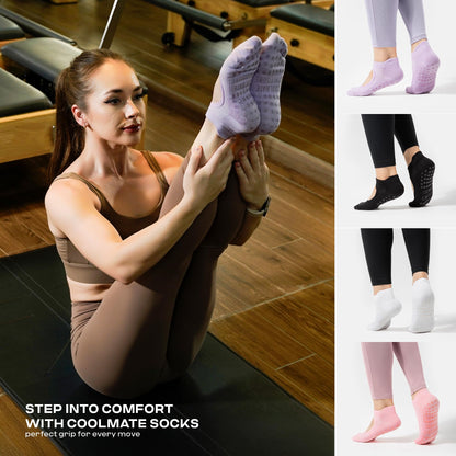 COOLMATE Pilates Socks with Grips for Women, Yoga Socks, Crew Non Slip Women for Workout, Barre, Pilates Gifts(4 Pairs) (US, Numeric, 6, 10, Regular, Regular, Pink/White/Light Purple/Black)