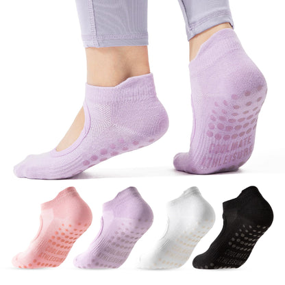 COOLMATE Pilates Socks with Grips for Women, Yoga Socks, Crew Non Slip Women for Workout, Barre, Pilates Gifts(4 Pairs) (US, Numeric, 6, 10, Regular, Regular, Pink/White/Light Purple/Black)