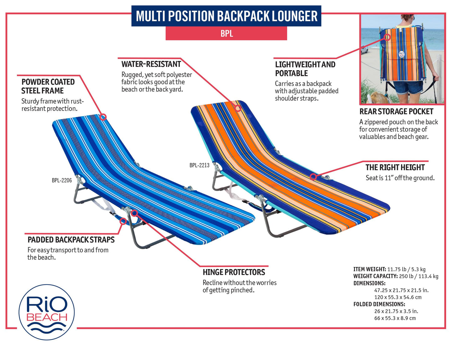Rio Beach Portable Lay Flat Folding Backpack Beach Lounge Chair with Backpack Straps and Storage Pouch, Blue Stripe