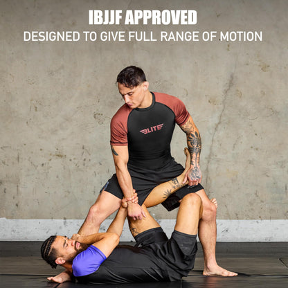 Elite Sports Jiu Jitsu BJJ Rash Guards, Men’s BJJ, No GI, MMA Ranked Short Sleeve Compression Base Layer Rash Guard Brown
