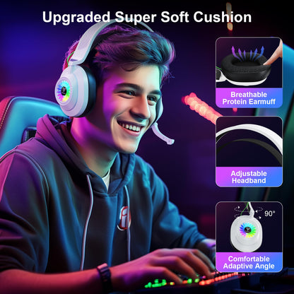 Vakedy HW10 Wireless Gaming Headset for PS5,PS4,PC,2.4GHz Bluetooth Gaming Headphones with Noise Cancelling Microphone,50Hr Battery Gamer Headset for Switch, Laptop,Mobile,Mac,Cool RGB (White)