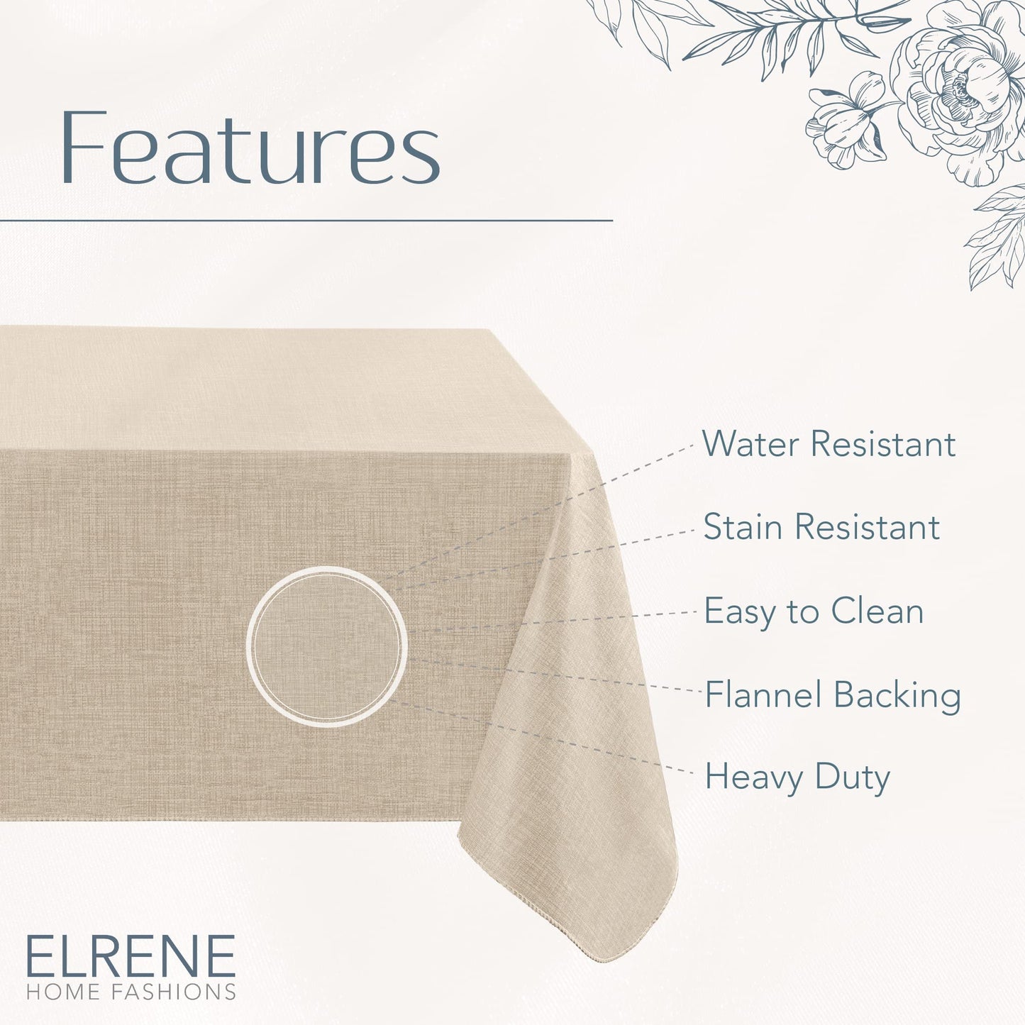 Elrene Home Fashions Monterey Linen-Texture Water- and Stain-Resistant Vinyl Tablecloth with Flannel Backing, 60 inches X 102 inches, Rectangle, Ivory
