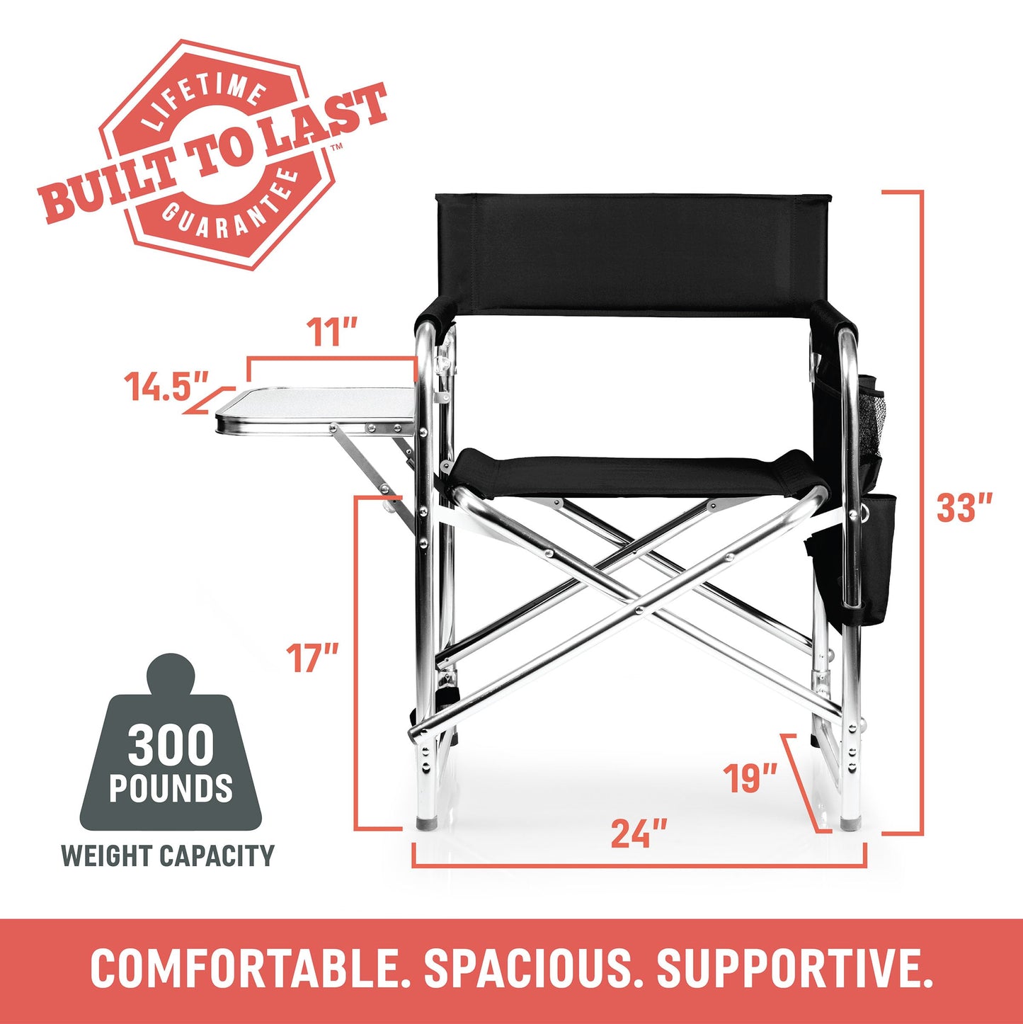 PICNIC TIME Sports Chair with Side Table, Camping Chair, Beach Chair, Camp Chair for Adults (Red)