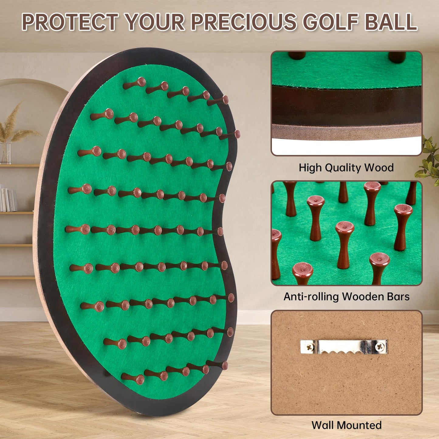 40 Golf Ball Collection Display Rack Cabinet Holder Case Wall Mount - Golf Gifts for The Golf Enthusiast - Golf Display Box Unique Putting Green Shape - Brown