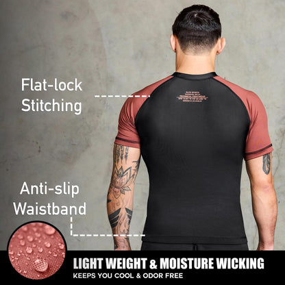Elite Sports Jiu Jitsu BJJ Rash Guards, Men’s BJJ, No GI, MMA Ranked Short Sleeve Compression Base Layer Rash Guard Brown