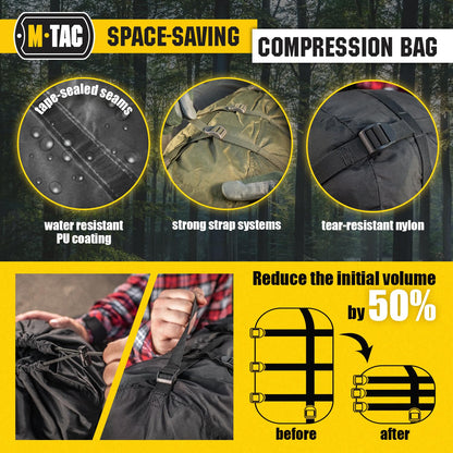 M-Tac Compression Stuff Sack for Sleeping Bag Military Water Resistant Compression Bag Lightweight Nylon Compression Sack for Travel, Camping, Hiking, Outdoor (Black, L - 24 liters)