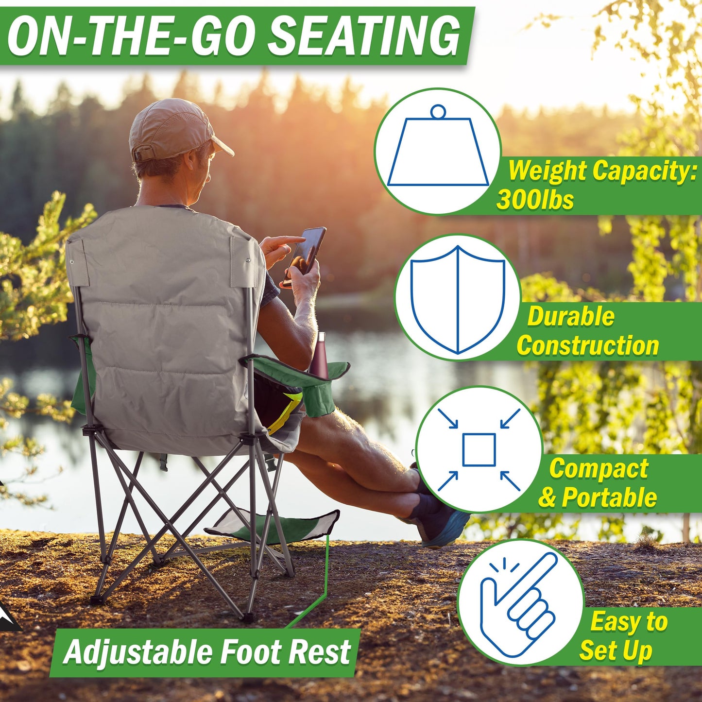 Wakeman Camping Chair with Foot Rest - 300lb Capacity Beach Chair with Footrest, Cupholder, and Cooler Pouch - Portable Chair Outdoors (Green)