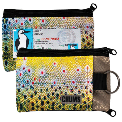 Chums Surfshorts Wallet - Lightweight Slim Wallet with RFID Blocking Card & Clear ID Window - Zippered, Minimalist Wallet w/Key Ring (Brown Trout)