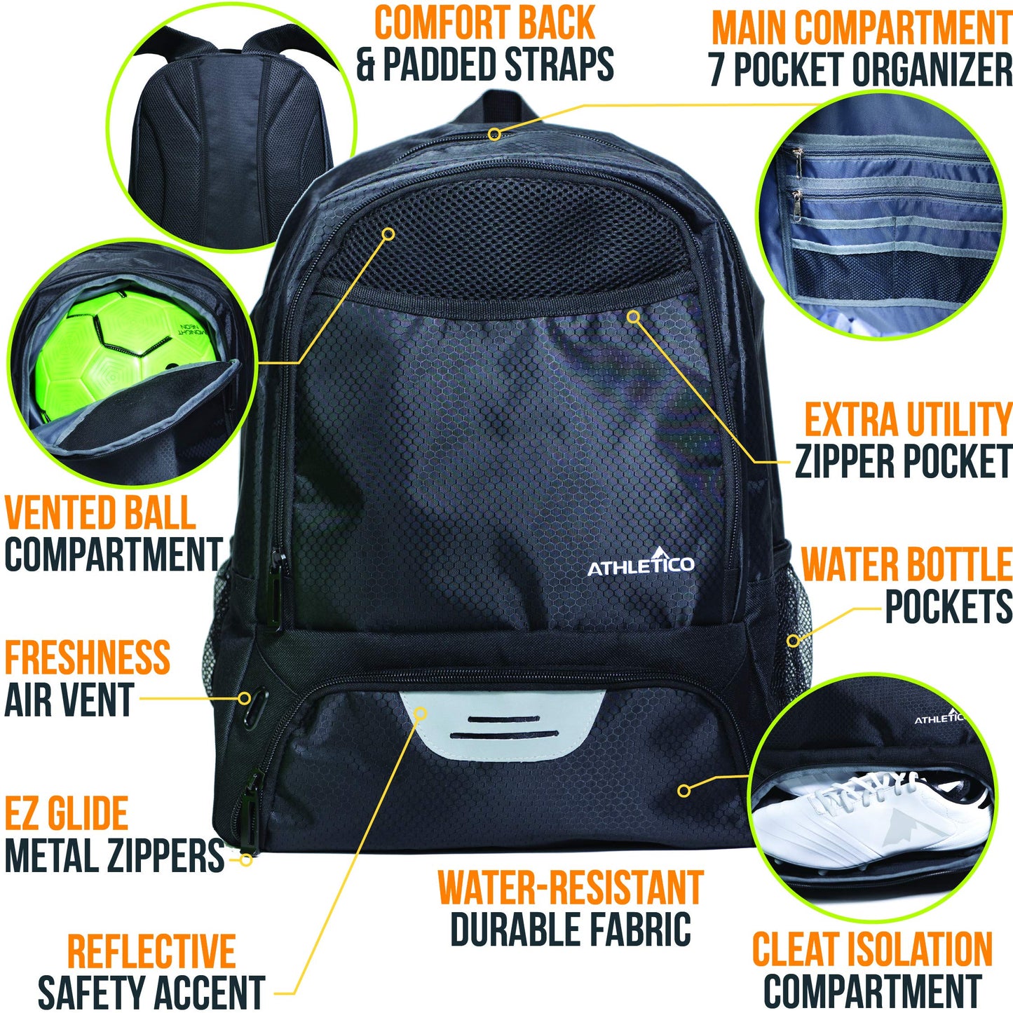 Athletico Youth Soccer Bag - Soccer Backpack & Bags for Basketball, Volleyball & Football | Includes Separate Cleat and Ball Compartment (Black)