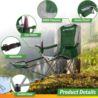 Wakeman Camping Chair with Foot Rest - 300lb Capacity Beach Chair with Footrest, Cupholder, and Cooler Pouch - Portable Chair Outdoors (Green)