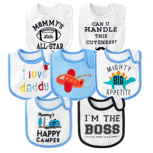 2ooya 7Pcs Cotton Waterproof Baby Bibs Adjustable Hook Loop Closure Infant Bib Unisex Blue Newborn Infant Food Bibs Keepsake Baby Gift for Drooling Feeding Eating Teething, 6-12 Months