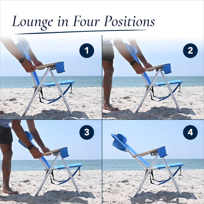 Caribbean Joe Folding Beach Chair, 4 Position Portable Backpack Foldable Camping Chair with Headrest, Cup Holder, and Wooden Armrests, Blue and Lime Stripe